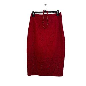 Marciano Red Lace Pencil Skirt Women's Size 6 Party Cocktail Career with Necklac